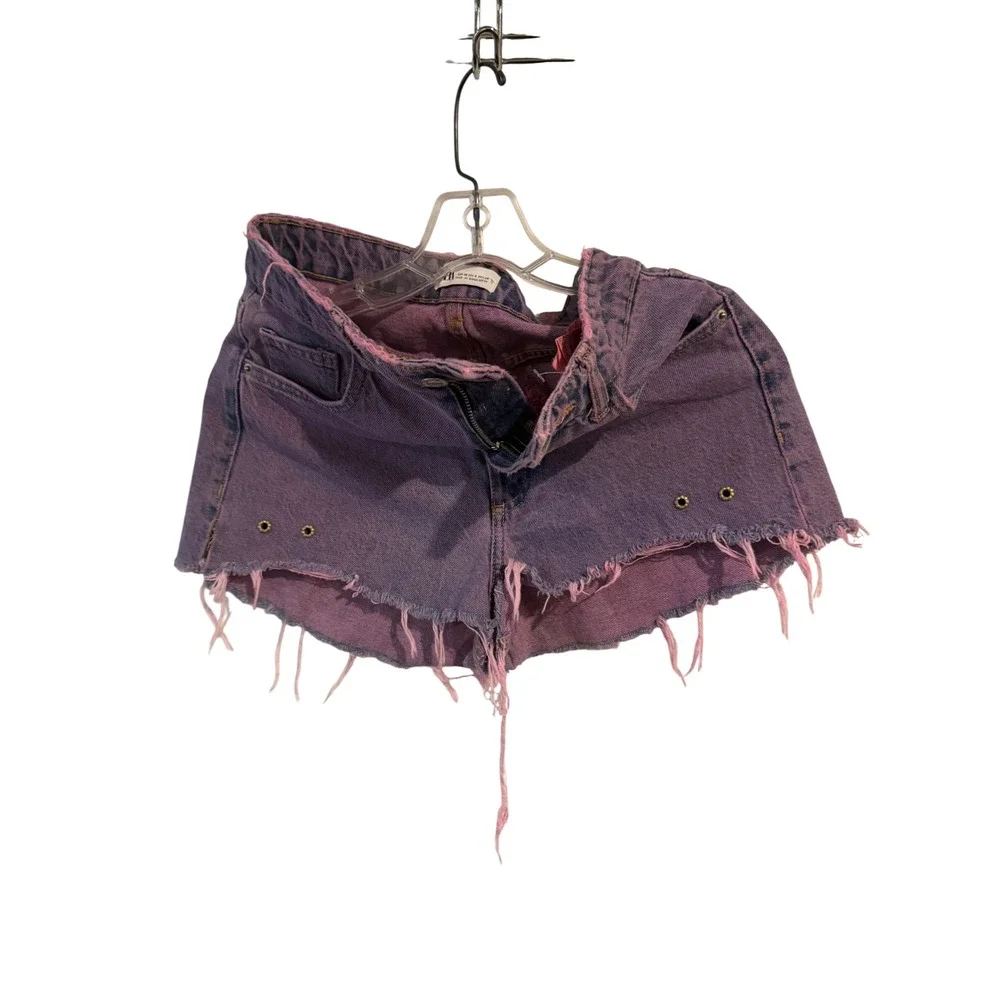 Zara Purple Pink Acid Wash Frayed Denim Shorts Grommet Cut Offs Womens Size 4